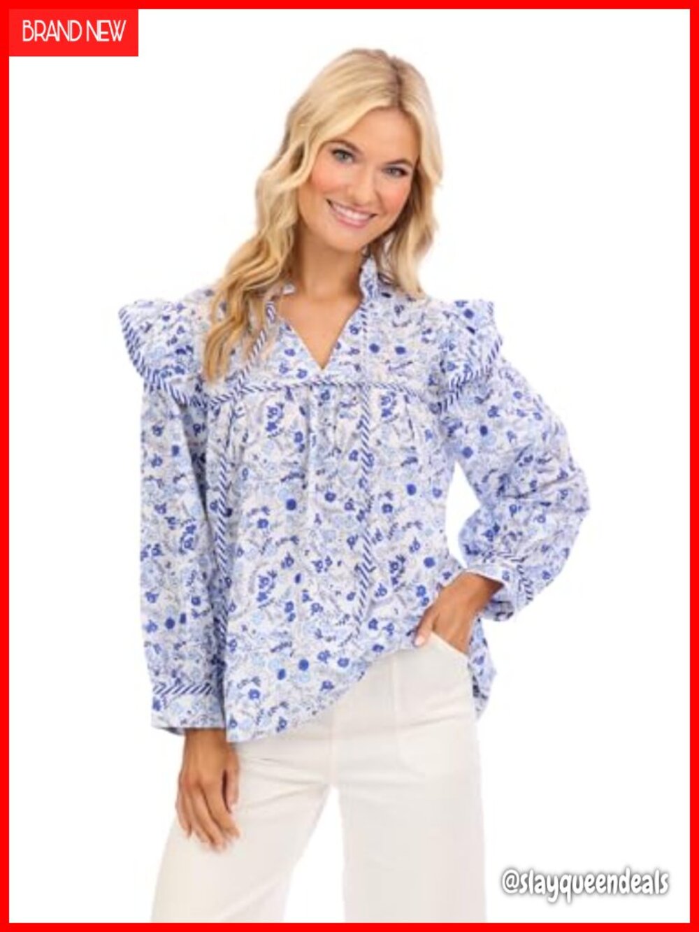 Mud Pie Beaufort Long Sleeve V-Neck Ruffle Top 100% Cotton